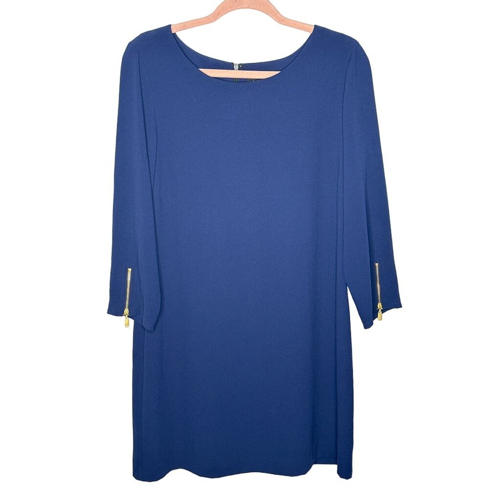 Elegant Cobalt Blue 3/4 Sleeve Evening Career Shift Dress Gold Zipper Womens 10